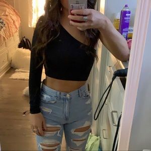 Black Slinky One-shoulder Crop Top!!